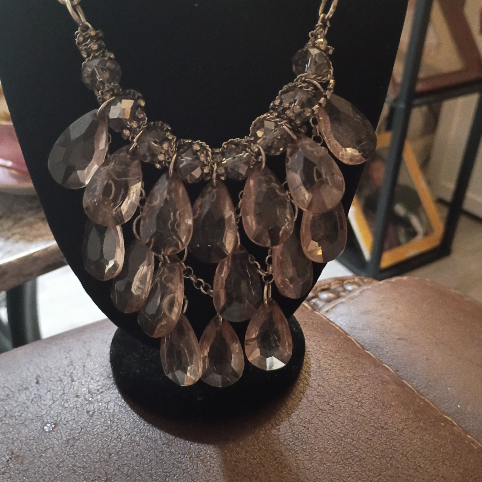 Silver Tone Link Chain Bib Statement Necklace, Gray Crystal Teardrop