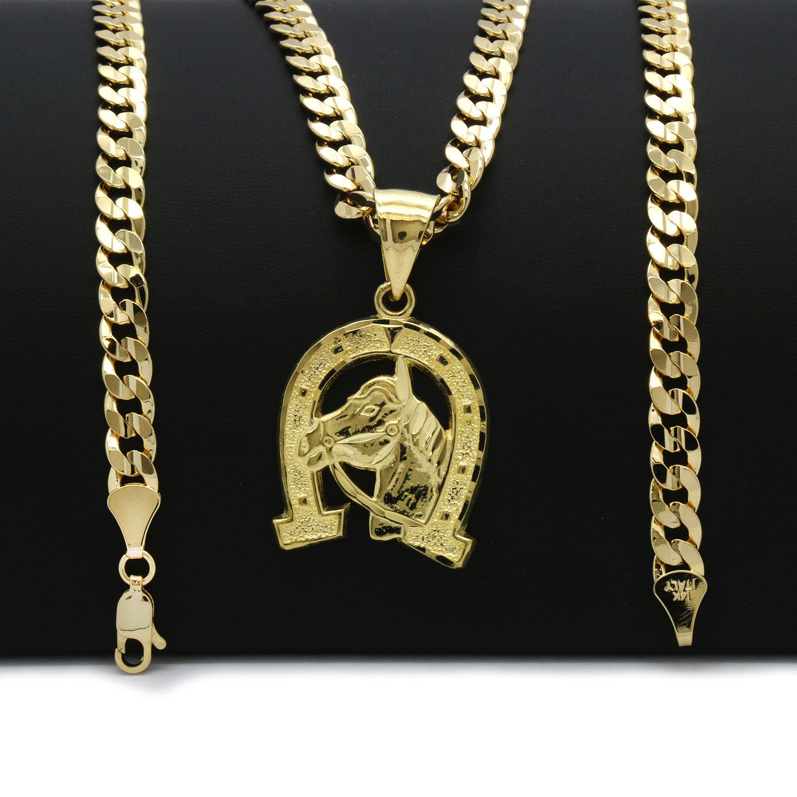 Men’s 18k Gold Plated Horseshoe Hip-Hop Pendant 6mm Cuban Chain Necklace
