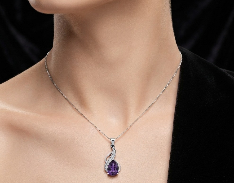 Natural Pear Cut Amethyst Pendant Necklace, 925 Sterling Silver Swirl,