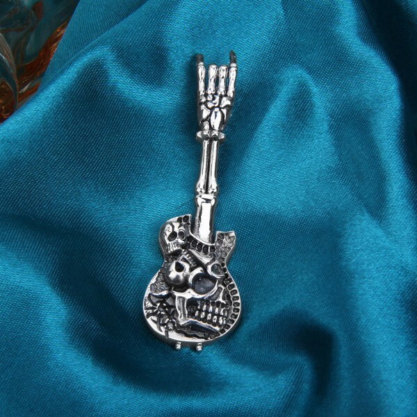 Rock and Roll Hand Skeleton Skull Guitar Music Punk Pendant 925 Sterling Silver