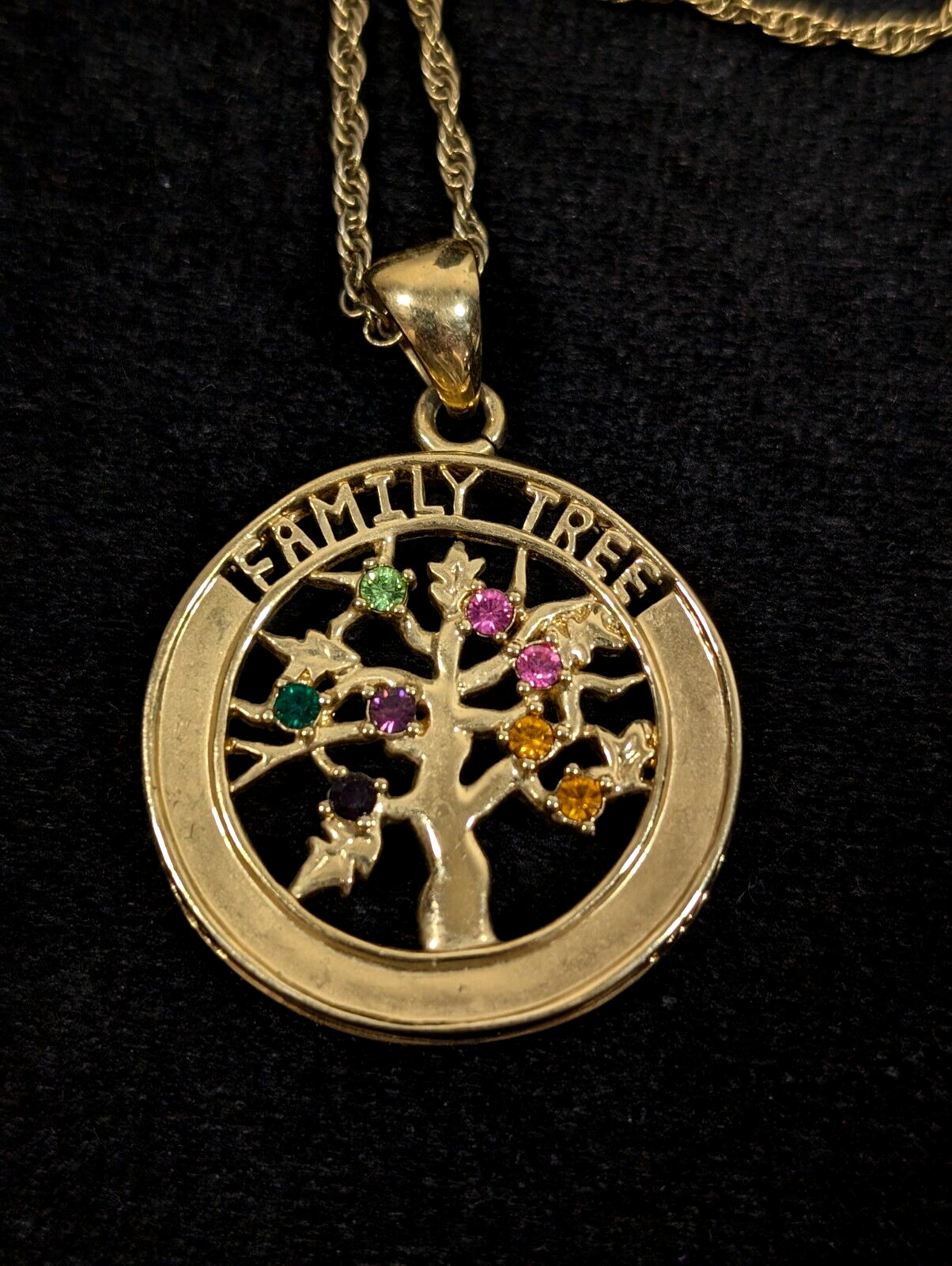 Family Tree Birthstone Crystal Hope Faith Love Round Pendant Rope Chain Necklace
