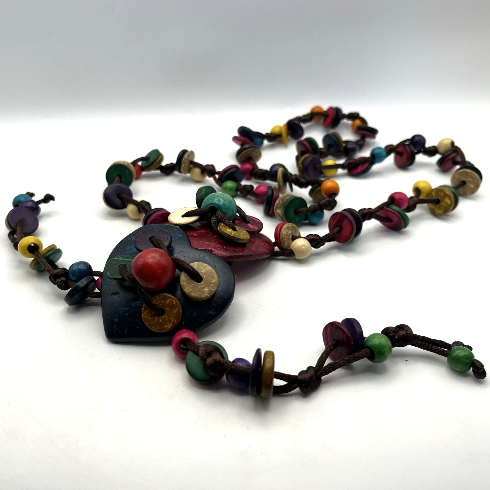 Vtg 2-Hearts Coconut Shell Beaded Statement Necklace Boho Bohemian Hippie