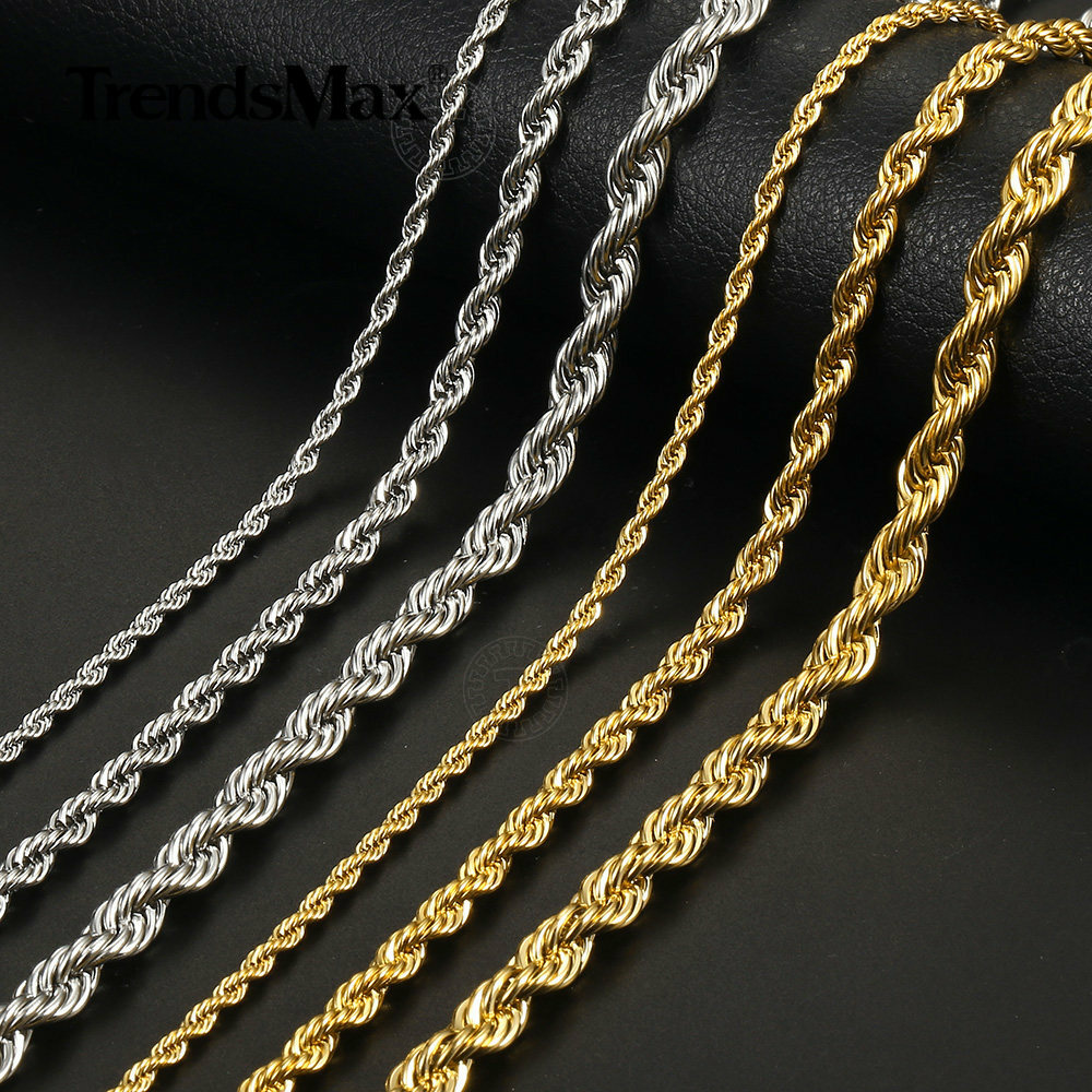 3-7MM Gold Plated Stainless Steel Diamond Cut Twisted Rope Chain Necklace 16-30″