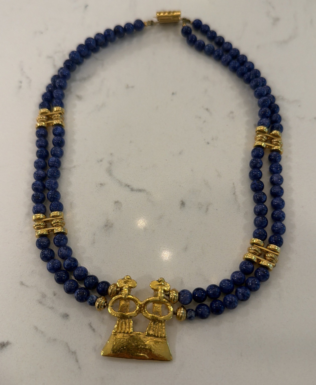 Lapis Lazuli Blue Beaded Necklace w/ Gold Tone Accents & Hook Clasp