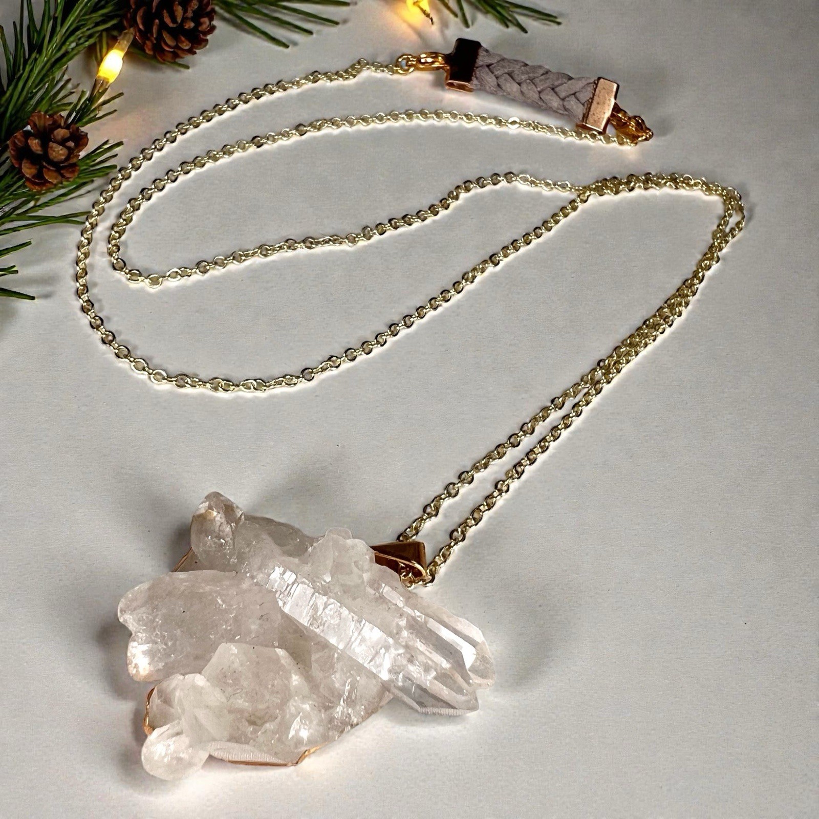 Semi Clear Quartz Cluster Pendant Necklace with a Gold-Toned Chain 32”