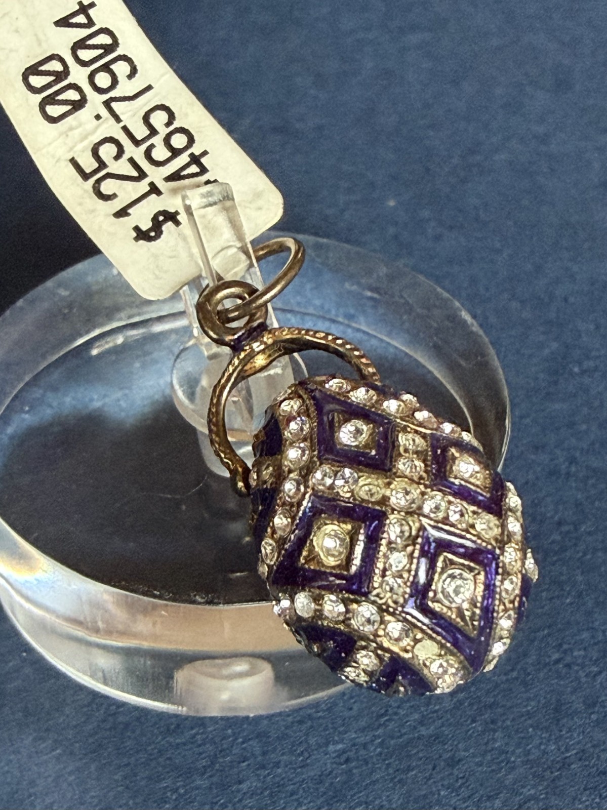 Fabergé Style Blue Enamel Egg Charm Pendant Gold Tone Art Deco Crystal Lattice