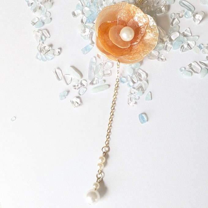 Handmade Japanese Orange Shell Flower Y-Necklace, Coastal Boho Pearl Lariat Jewe