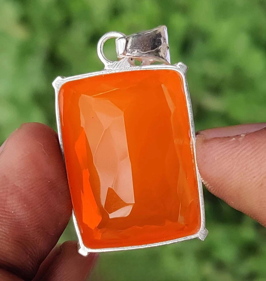 95.80 Ct 925 Solid Silver Pendant Certified Loose Gemstone Cushion Orange Opal .