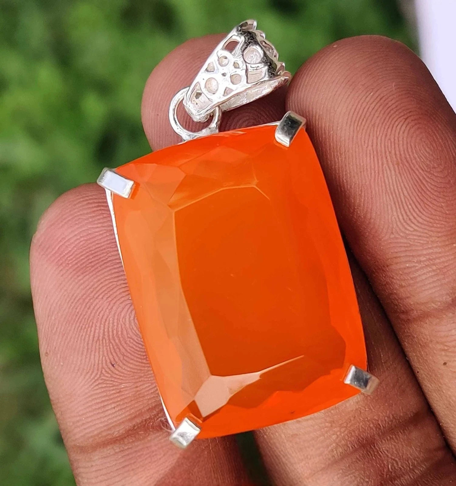 95.80 Ct 925 Solid Silver Pendant Certified Loose Gemstone Cushion Orange Opal .