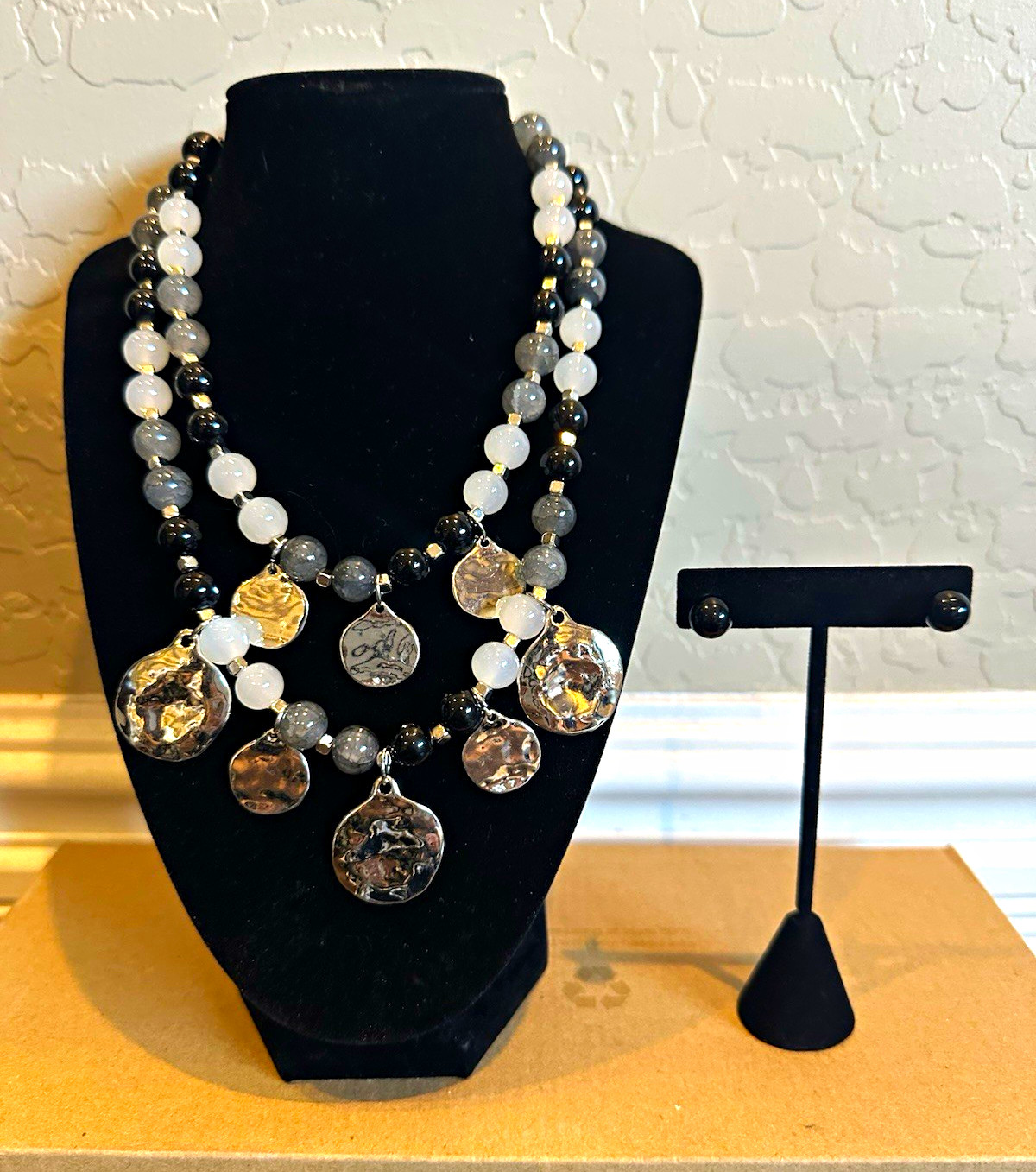 Layered Black & White Gray Beaded Statement Necklace w/ Silver Tone Disc Charms