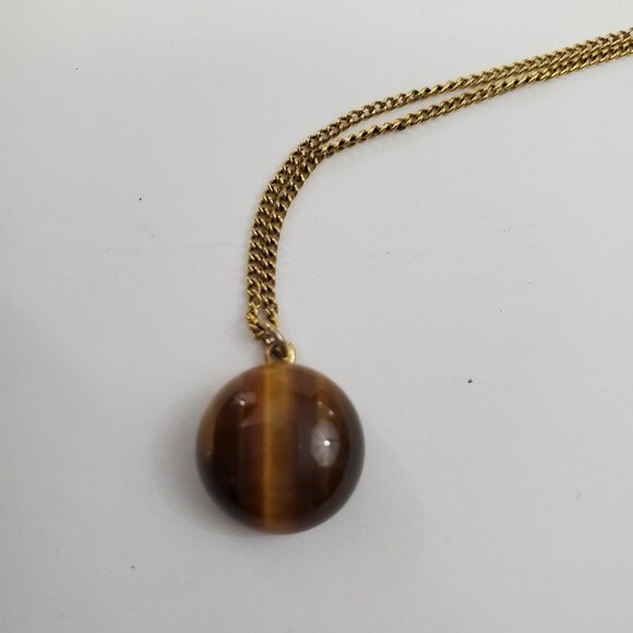Tigers Eye Pendant 10K Brown Chain Gold Tone Round Dainty NS Nickel Silver