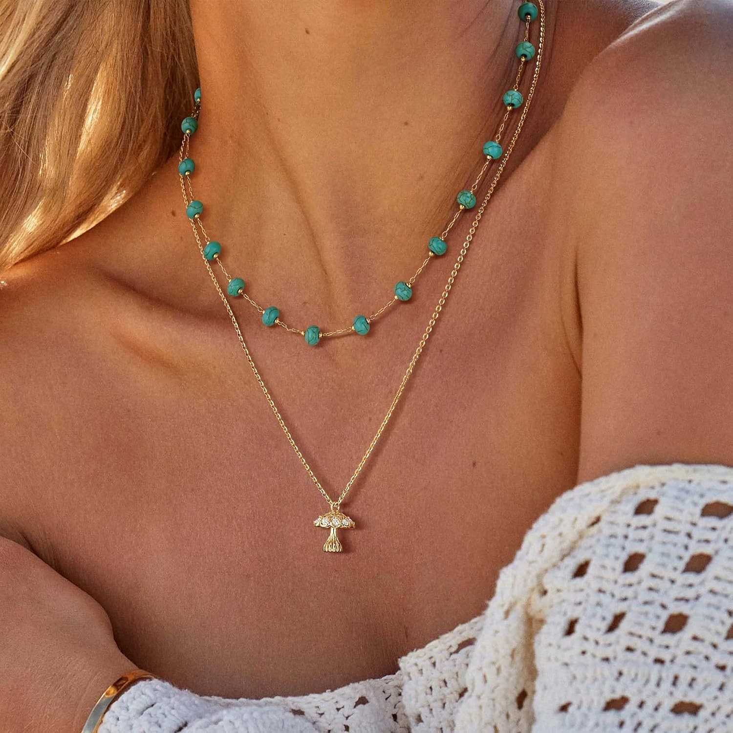 Chic Created Turquoise Beaded Choker Necklace – 14K Gold/Silver Plated, 15.7 in