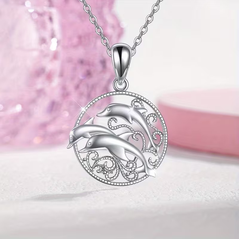 family of Dolphins Pendant Necklace comes with Gift Box