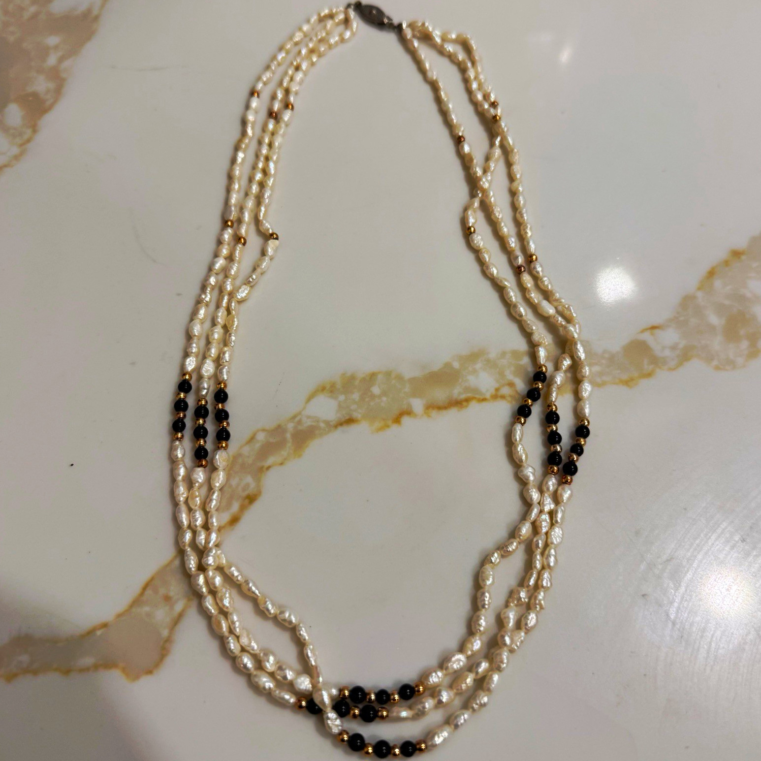 multi-strand baroque pearl beaded necklace black beads gold tone accents hook