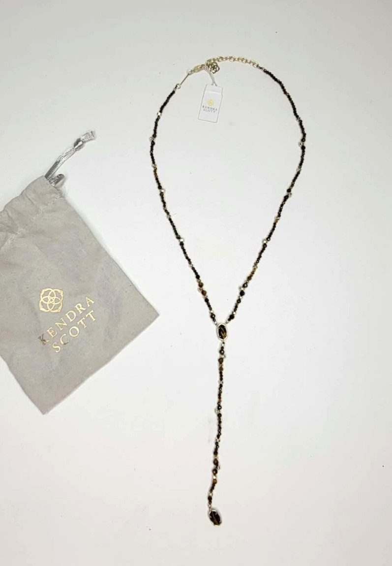 Kendra Scott 16″ Bethany Y Necklace Beaded Brown Goldtone Mix Lariat Y Drop
