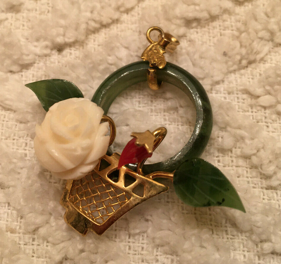 Yellow Goldtone Green JADE Pendant Circle Flower Basket W/Carved Rose BEAUTIFUL