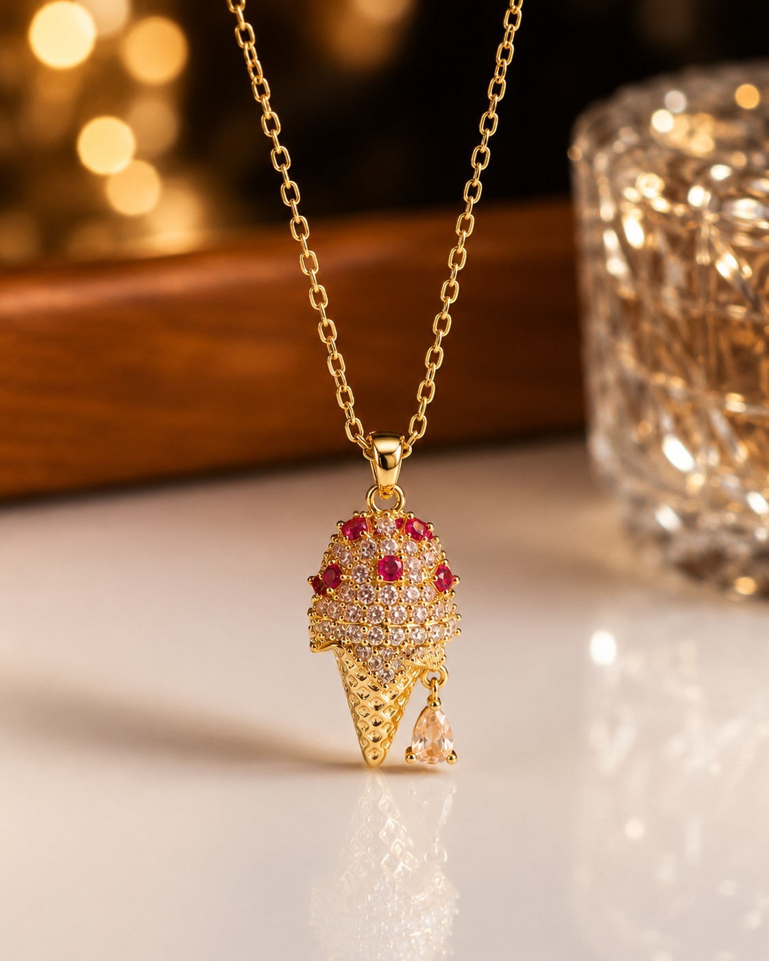 Ice Cream Cone CZ Crystal Pendant Necklace – Gold Tone, Pink Accents, 18″ Chain