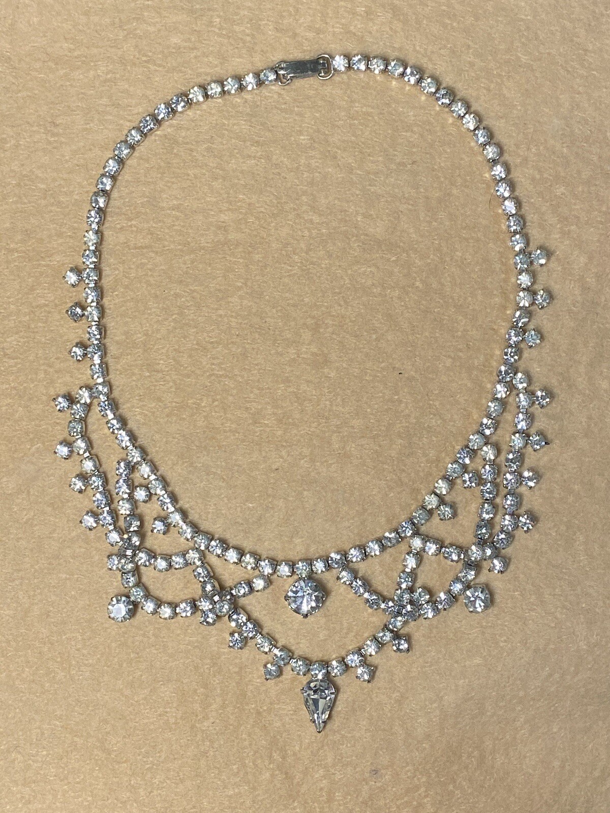 Vintage White/colorless Layered, Double Drop Rhinestone 14” Choker Necklace.