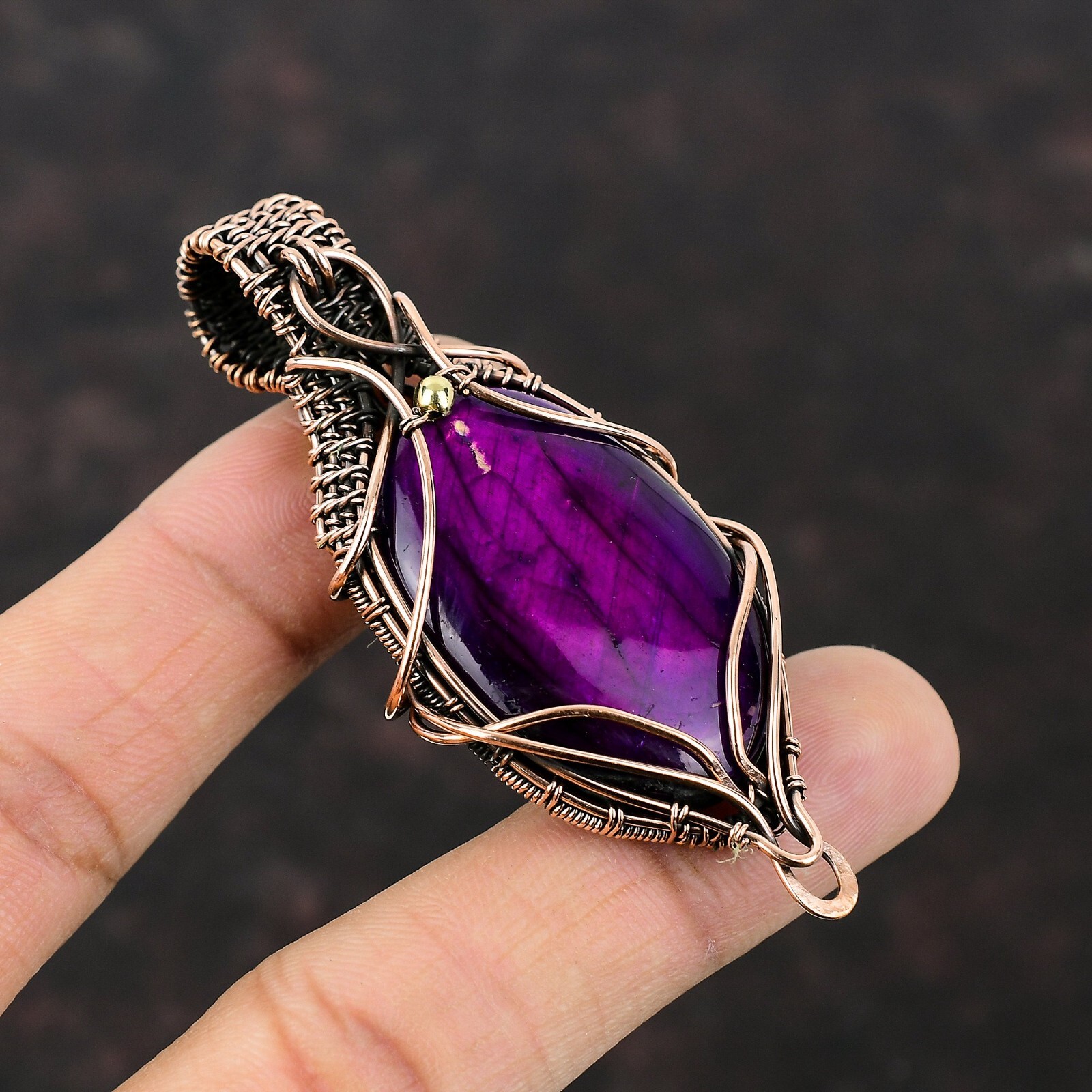 Gift For Her Copper Purple Fire Labradorite Jewelry Wire Wrapped Pendant 2.95″