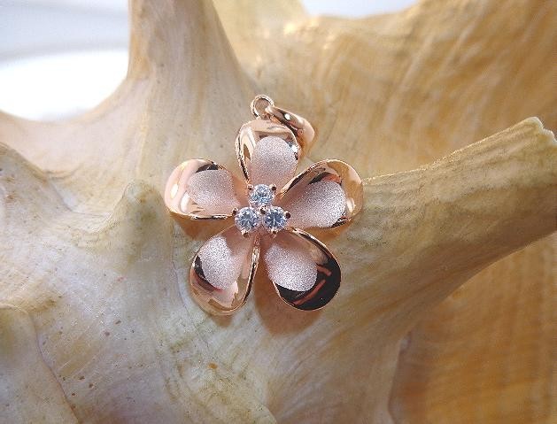 22mm Hawaiian 14k Rose Gold Over Silver Brushed Satin Plumeria 3 CZ Pendant #3