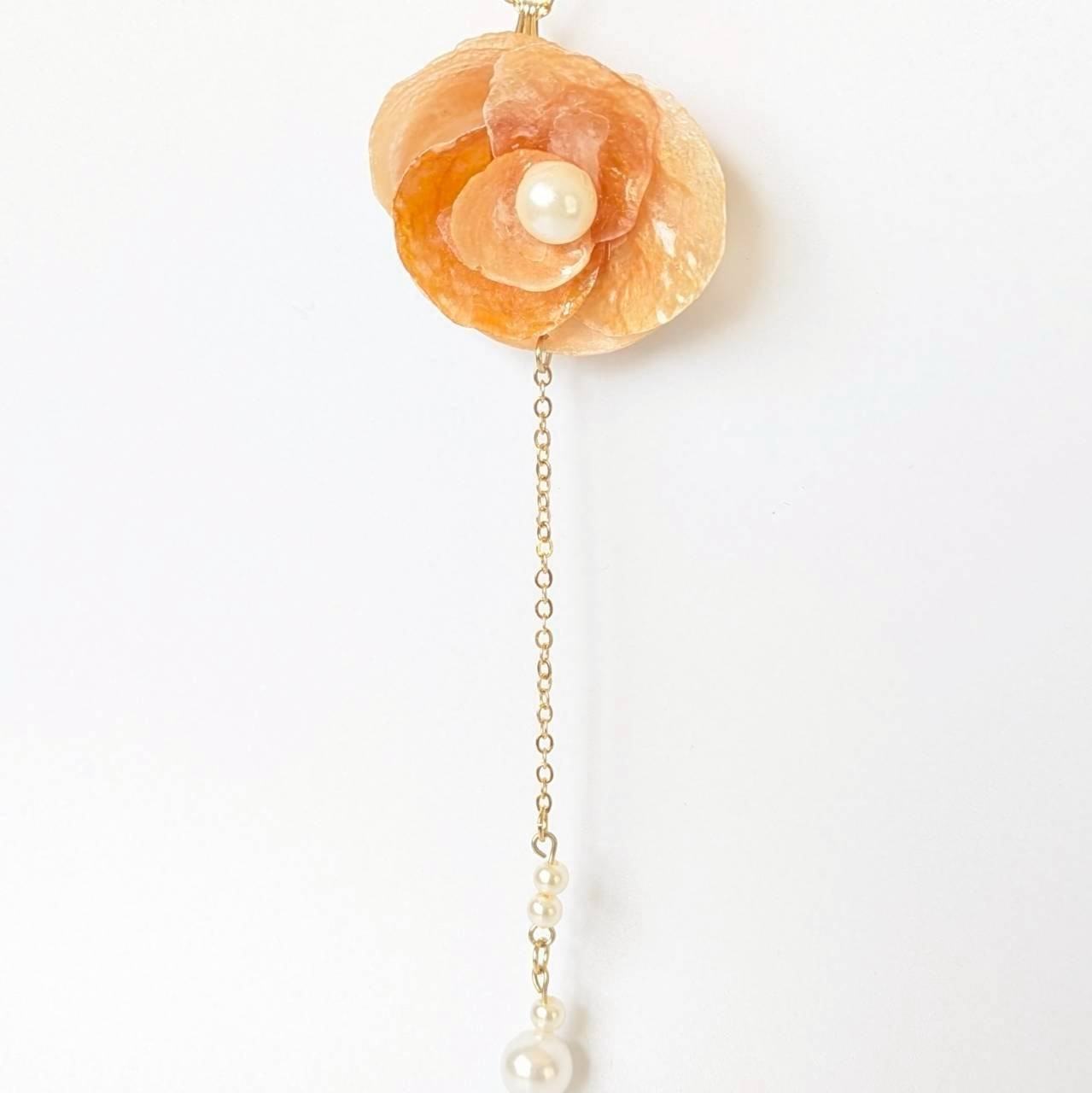Handmade Japanese Orange Shell Flower Y-Necklace, Coastal Boho Pearl Lariat Jewe