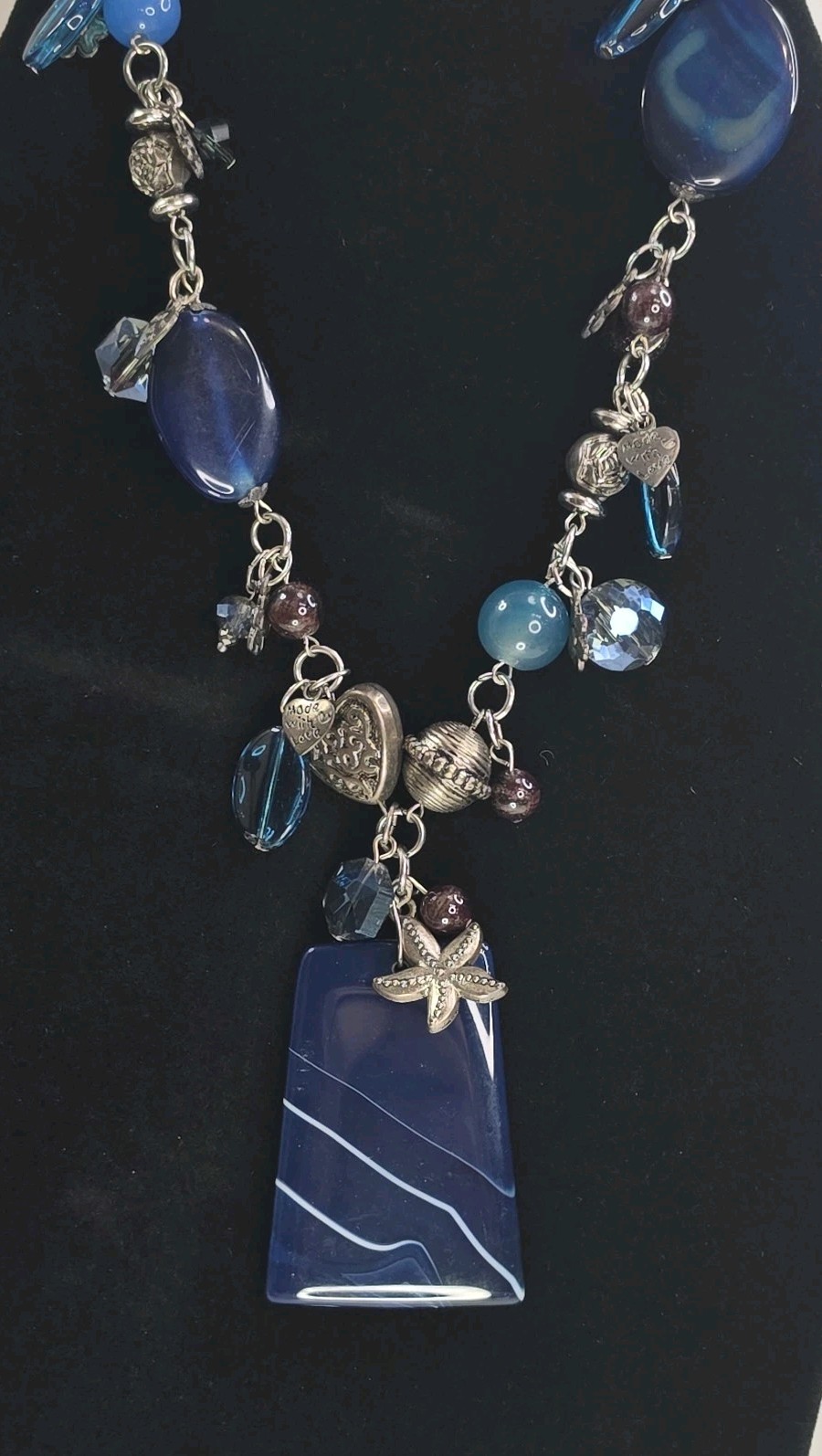 Ocean Themed Blue Beaded And Charm Necklace, Silver Tone Adjustable 24-26in