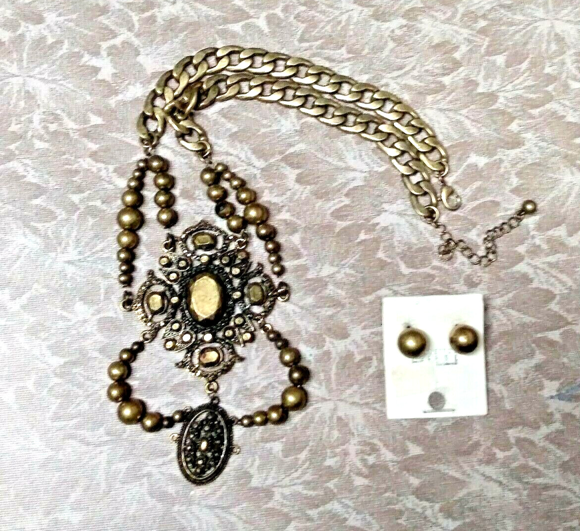 Boho Ethnic Necklace costume jewelry jewellery Brass tone metal with ear studs
