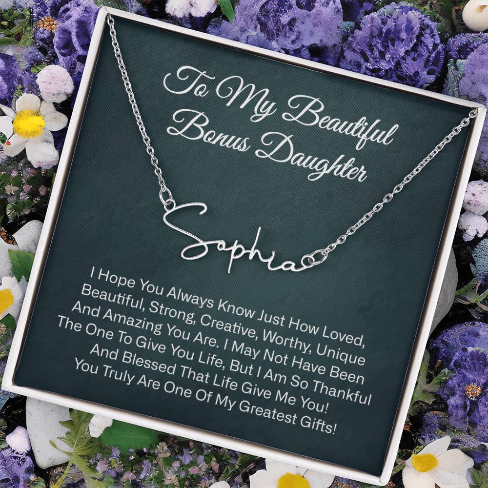 To My Beautiful Bonus Daughter Gift, Daughter Signature Style Name Necklace
