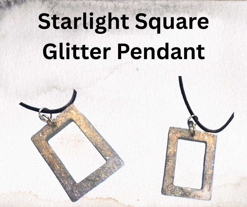 Handmade Silver Glitter Resin Pendant Necklace Square Black Cord 18″ Sparkle