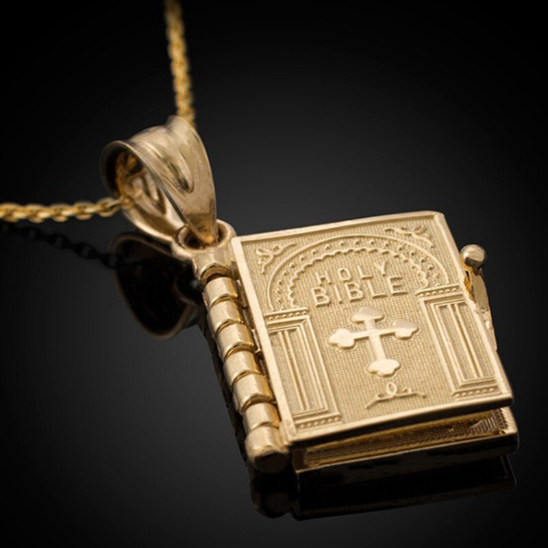 3D Gold Holy Bible Pendant Necklace Lord’s Prayer Christian Jewelry Chain 24″