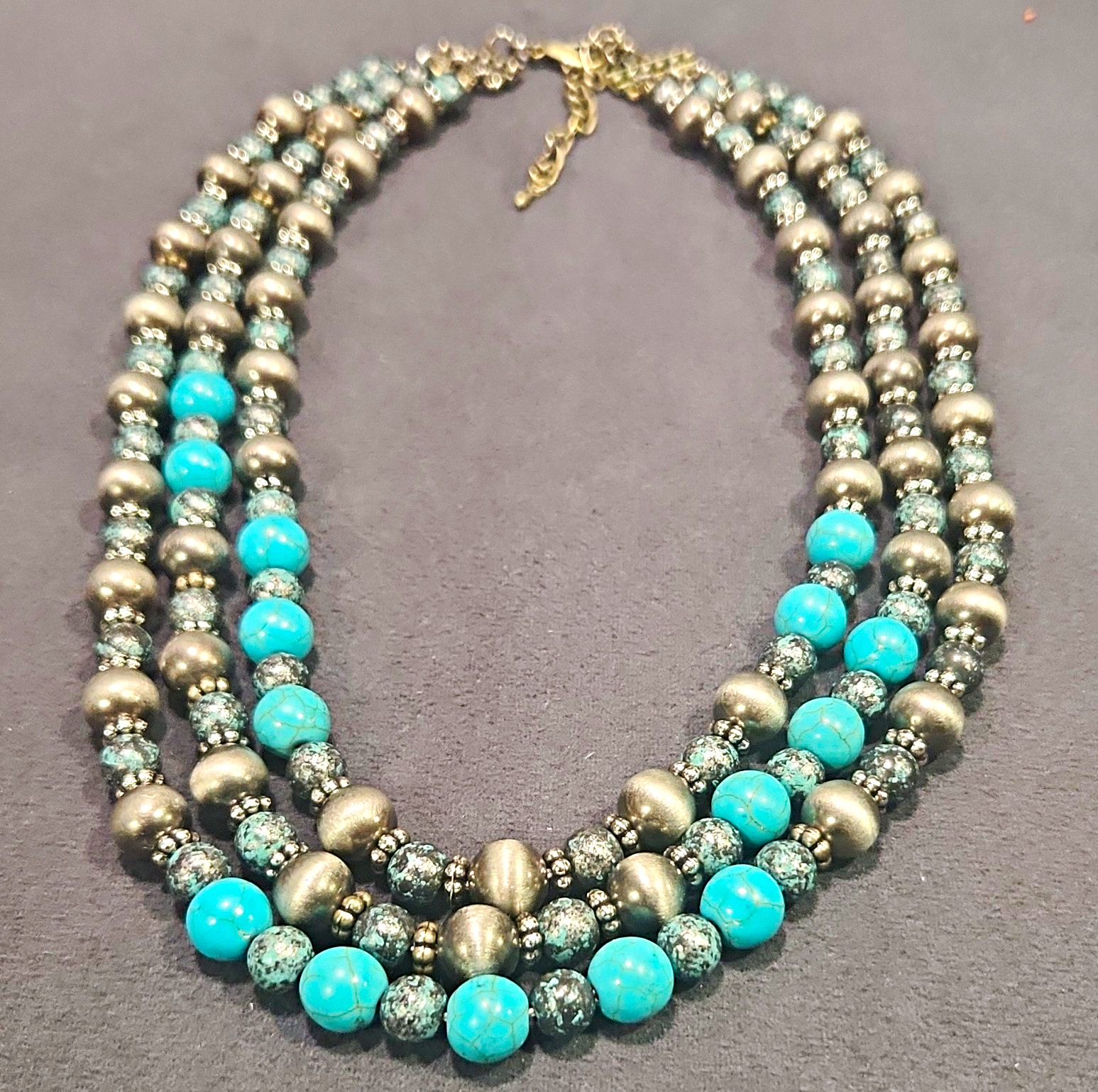 Multi-Strand Turquoise Round Beaded Necklace Blue Silver Adjustable Lobster