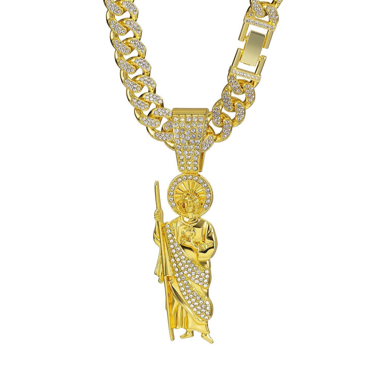 Hip hop Zinc Alloy Rhinestone Religious Portrait Pendant Cuban Chain Necklace