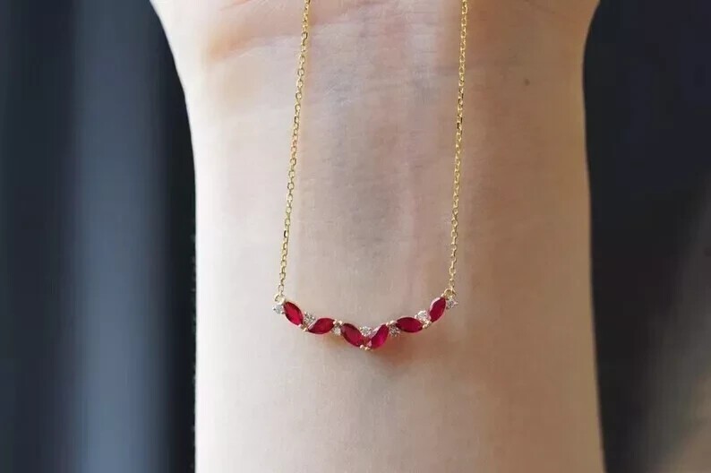 14k Yellow Gold Plated Marquise Simulated Pink Ruby Beauty Women’s Pendant Chain