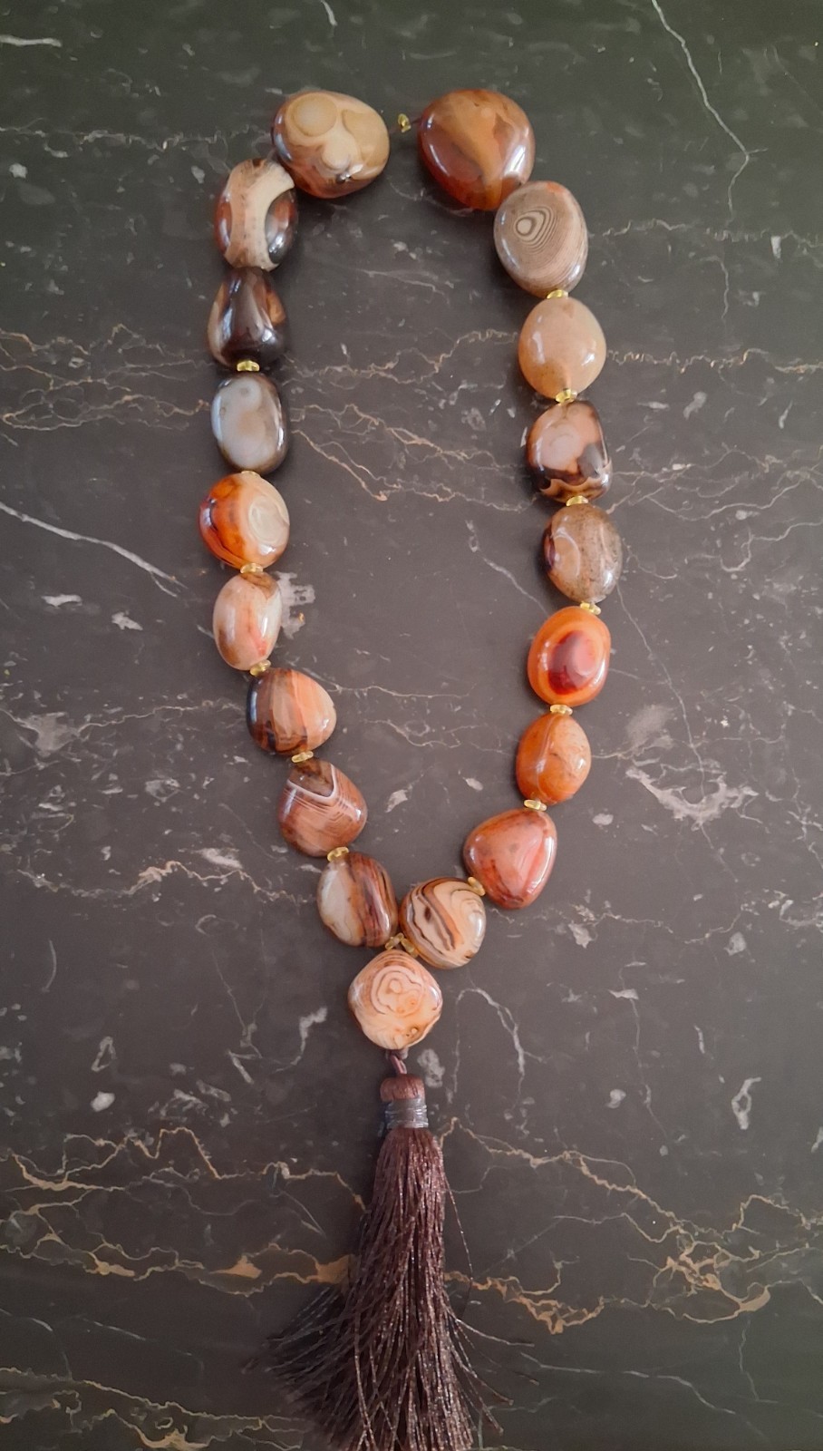 Certified Brown Orange Beige Agate Beaded Stone Necklace with Tassel Pendant411g