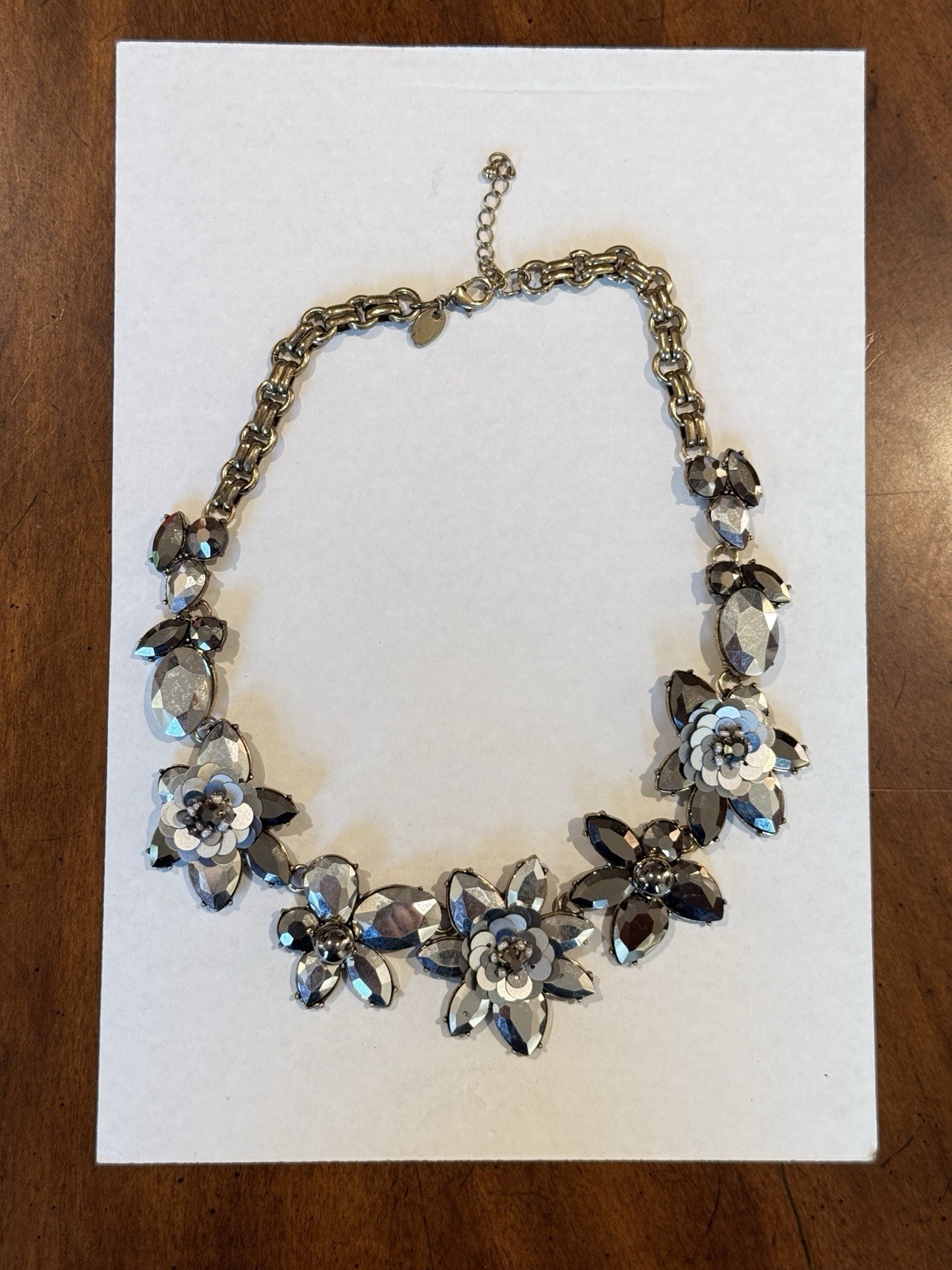 Silver Tone Flower Crystal Statement Necklace Cable Chain Lobster Clasp