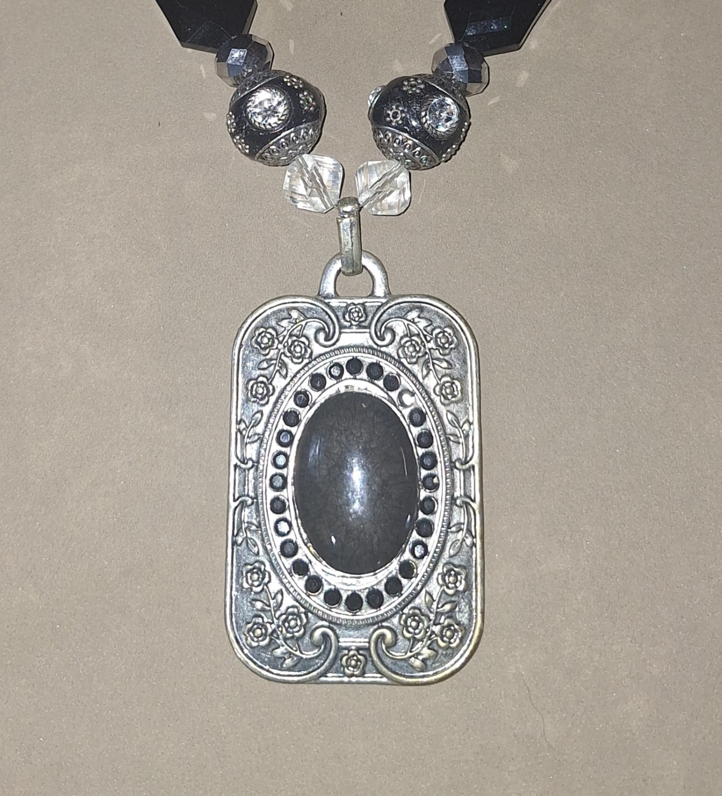 Black & Silver Tone Beaded Necklace w/ Rectangle Charm Pendant