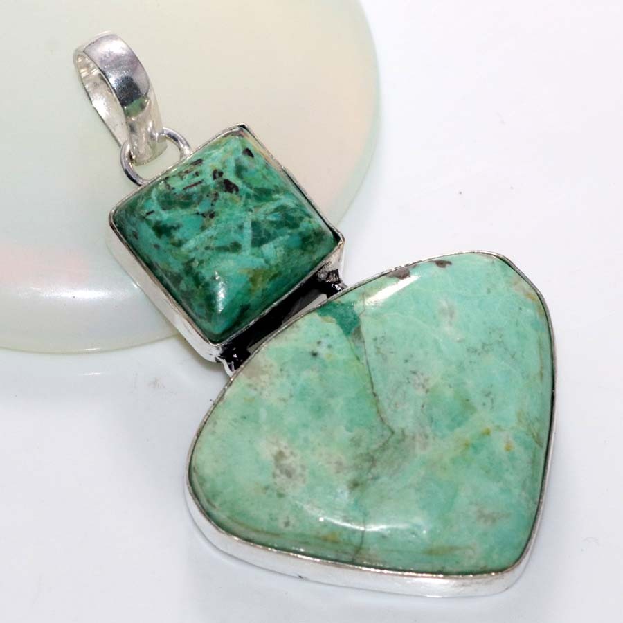 925 Silver Plated Long Peruvian Turquoise Pendant 2.1″ Casual Chic Jewelry JW