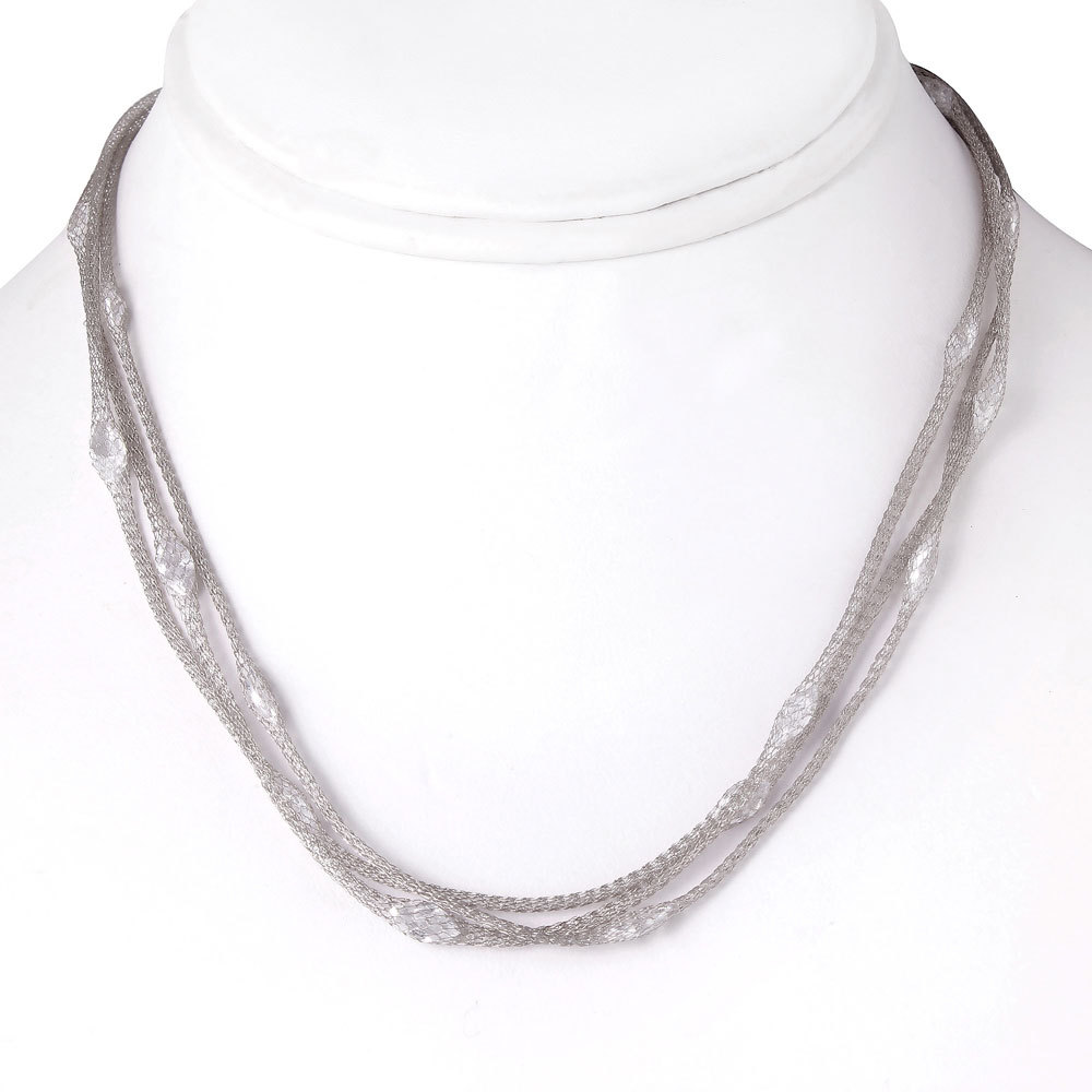 925 STERLING SILVER MULTI-STRAND MESH EMBEDDED ITALIAN NECKLACE LAB DIAMONDS