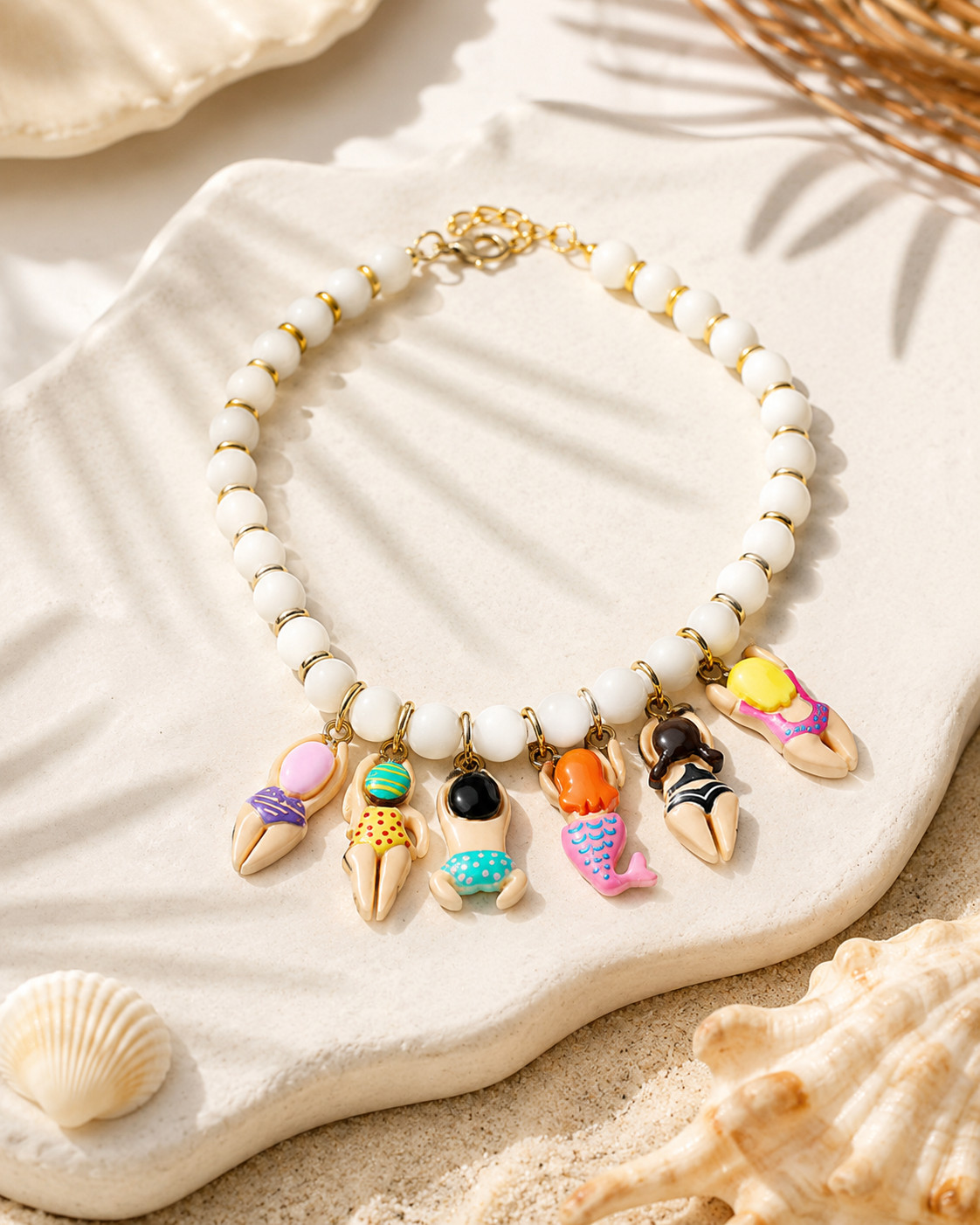 NWT Beach Babe Charm Beaded Necklace White Gold Tone Summer Bikini Mermaid Fun