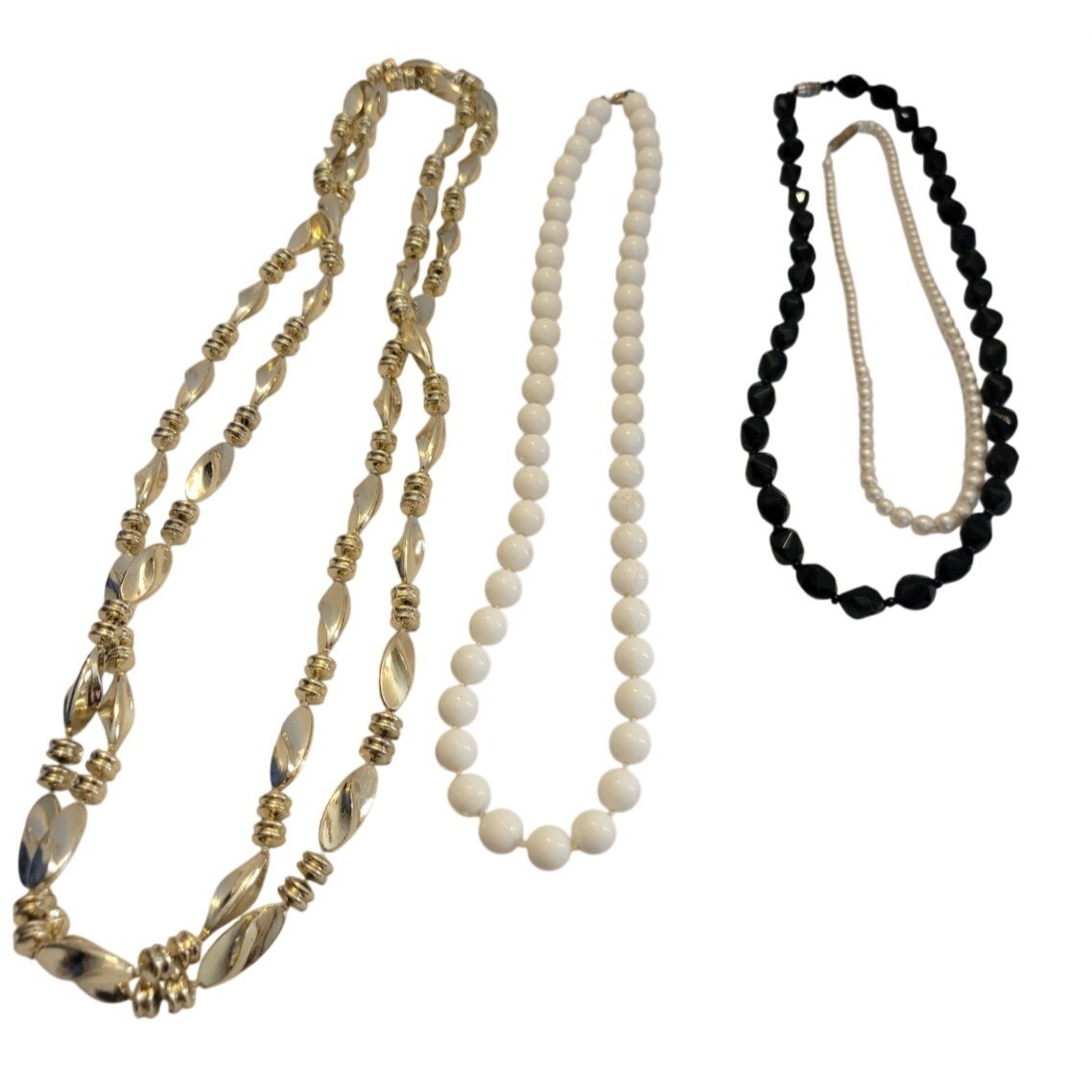 Necklace Lot of 4 Vtg Retro Faux Pearl Beaded Gold Black White Beads Minimalist