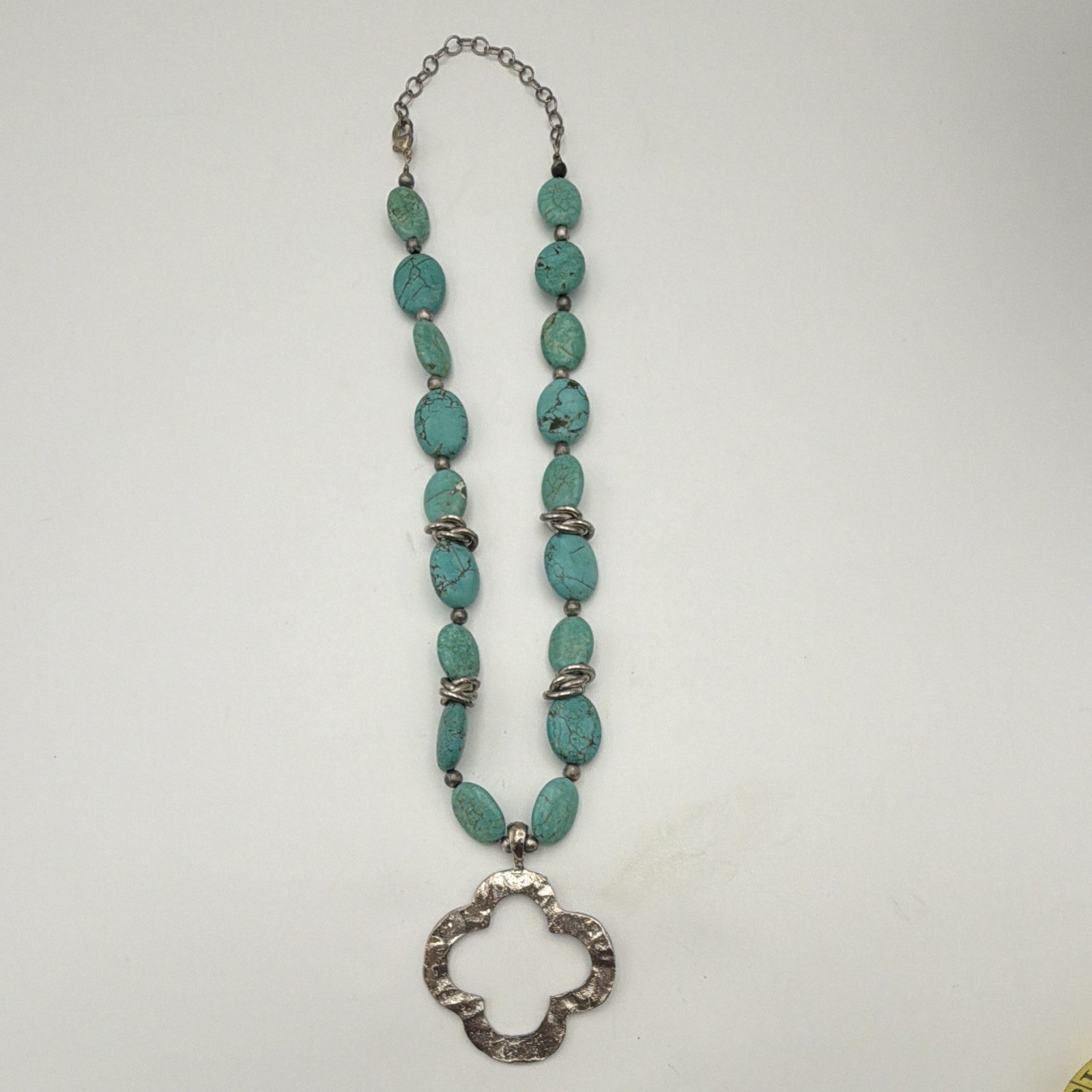 Turquoise Beaded Necklace Silver Tone Clover Charm Pendant Cable Chain 22-26in