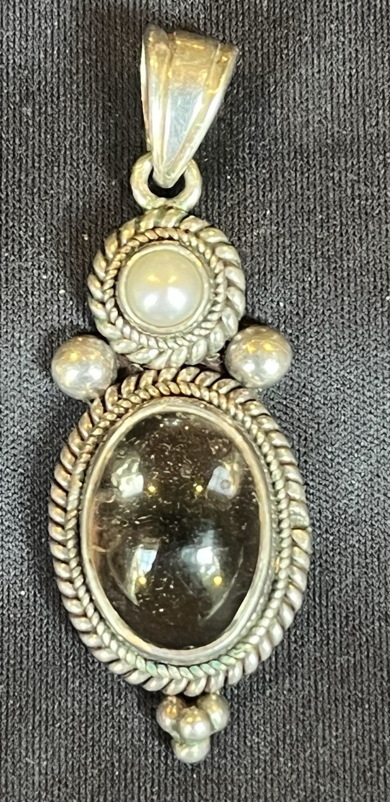 Silver pendant smoky quartz oval cabochon bezel set charm pearl accents