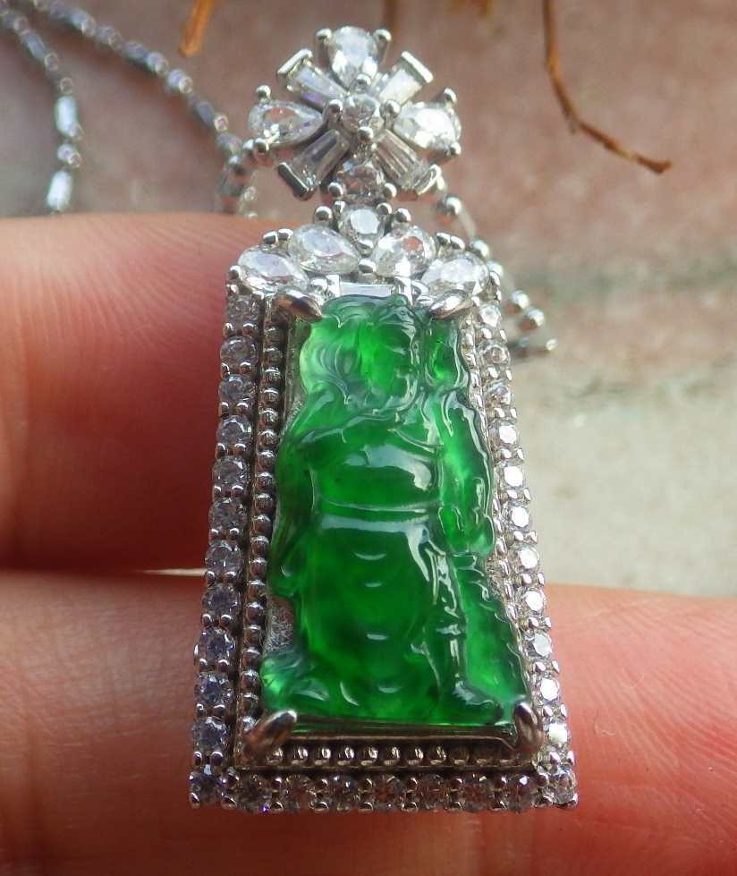 Video Certified Silver 925 Green A Jade jadeite Pendant Guan Gong God 124818 TS