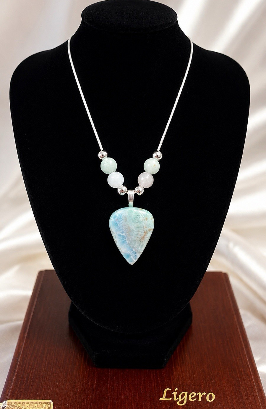 Handcrafted Larimar Pendant and beaded necklace. 925 Silver snake chain