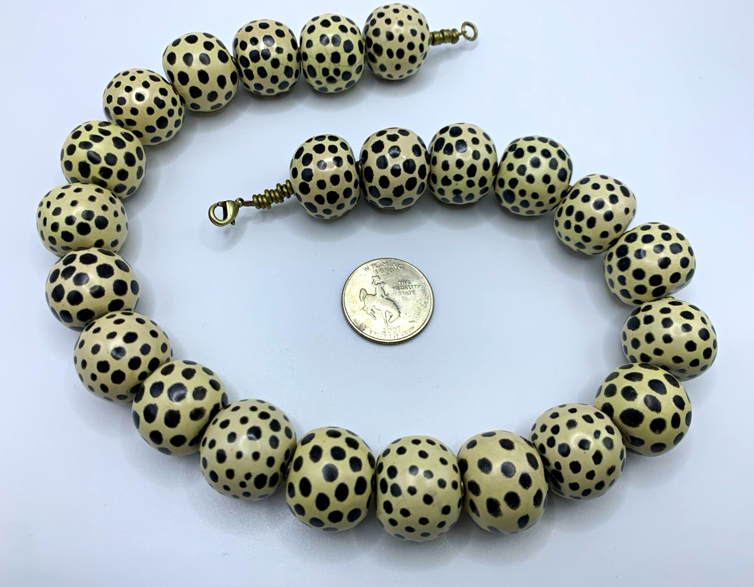 Ivory & Black Spotted Round Beaded Necklace Hook Clasp 18 in
