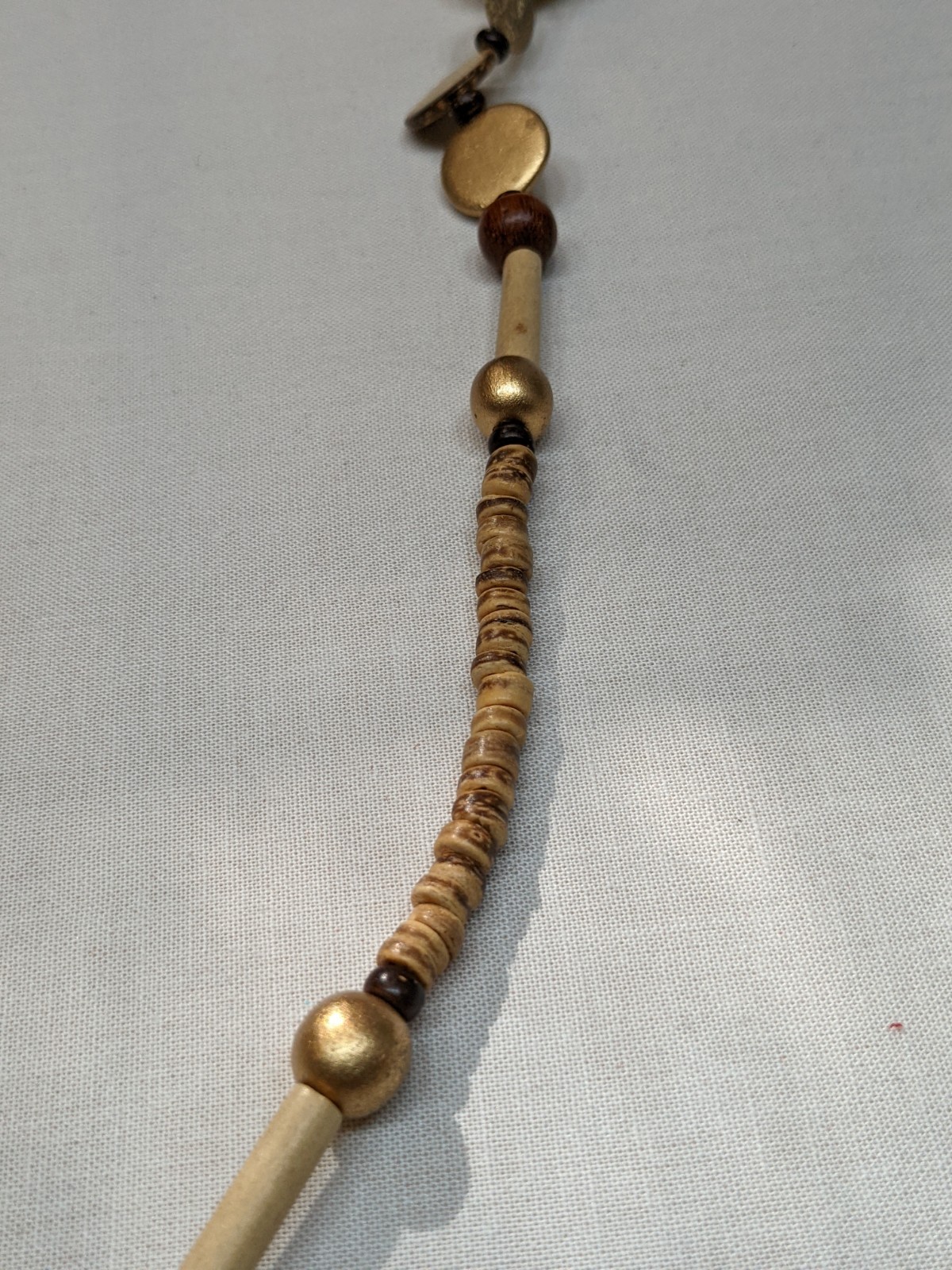 Long Wood & Wicker Bead Necklace Beige Brown Tribal Ethnic Boho Jewelry ~40″