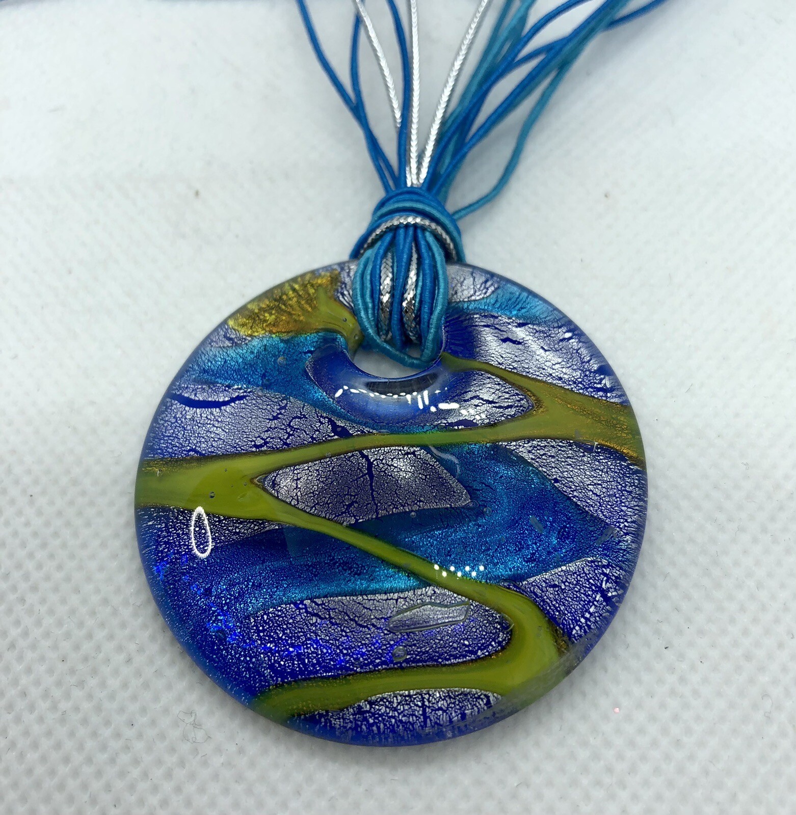Large pendant glass Necklace Blue Purple Yellow 19” + 1/2 Extension Chain