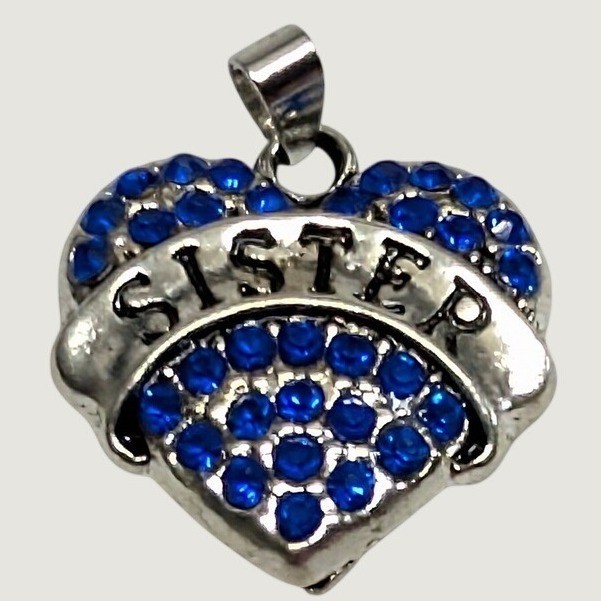 New Sister Heart Pendant Blue Silver Tone Rhinestone Family Charm Jewelry Gift