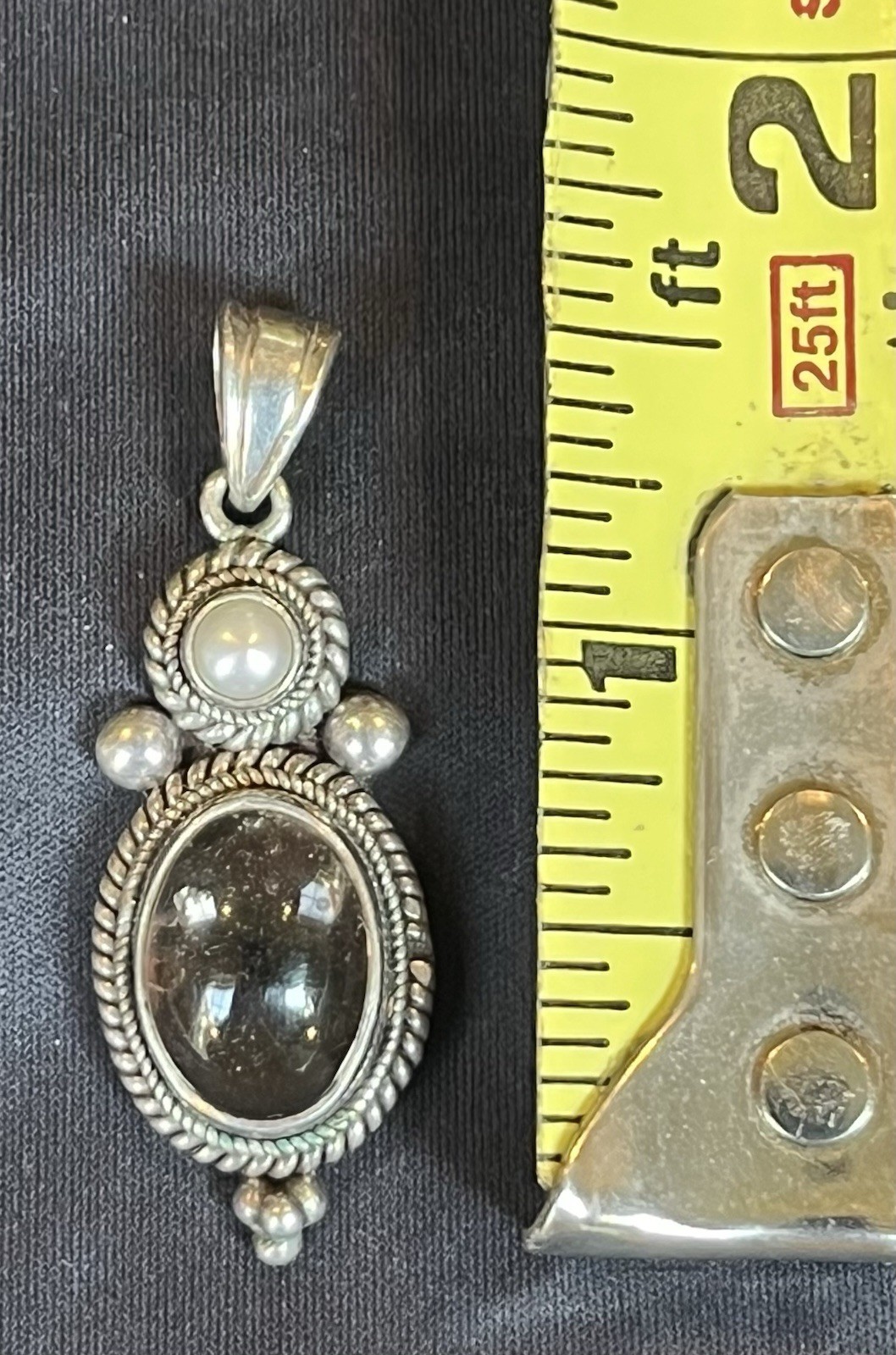 Silver pendant smoky quartz oval cabochon bezel set charm pearl accents