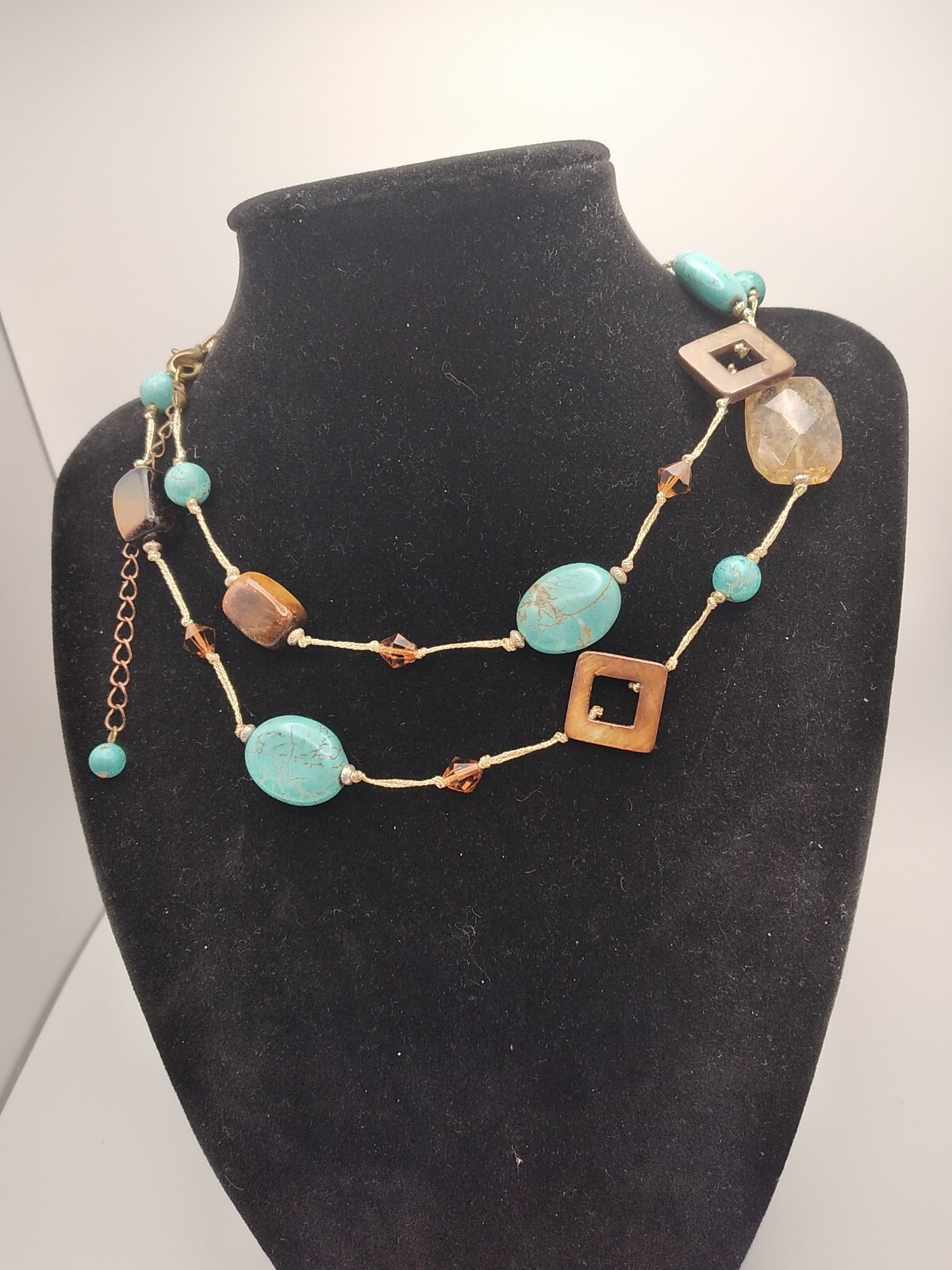 Premier Designs Long Multi Bead Necklace Mixed Shapes Colors Goldtone Chain
